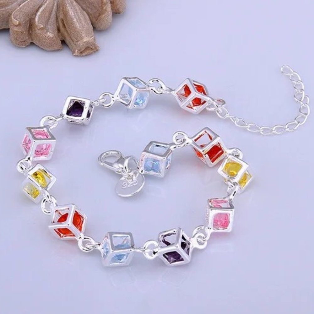 Beautiful Multi - Colored Box Style Ladies Bracelet .925 Solid Sterling Silver - Picture 1 of 5